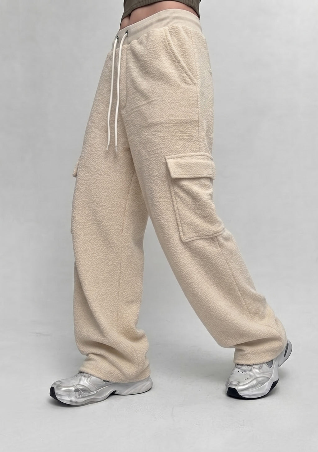 Women's Ivory Textured Wide Leg Cargo