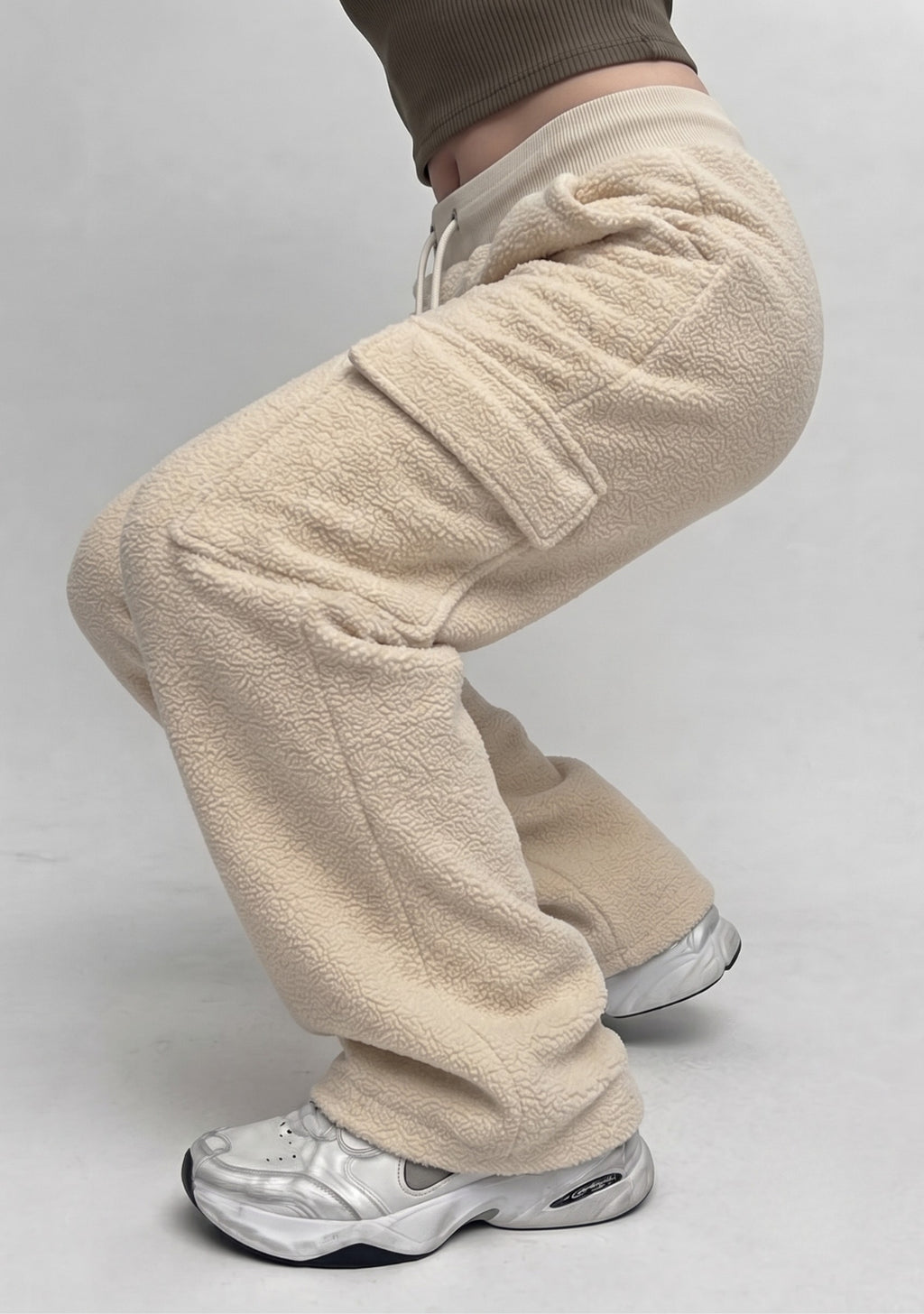 Women's Ivory Textured Wide Leg Cargo