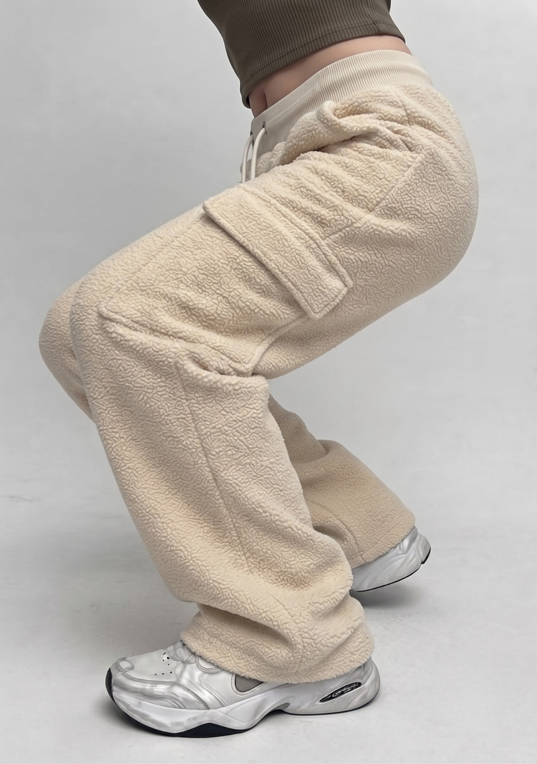 Women's Ivory Textured Wide Leg Cargo