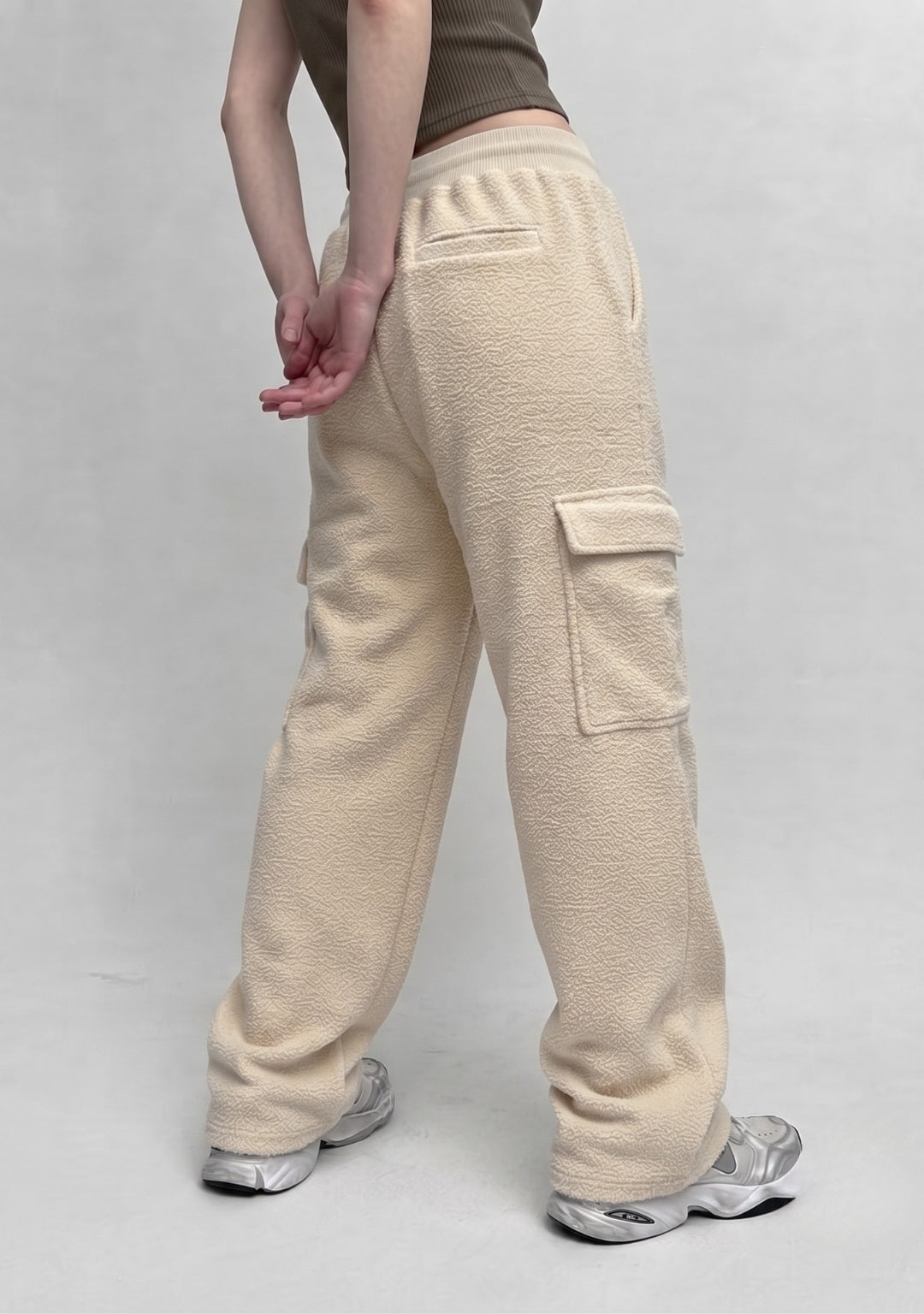 Women's Ivory Textured Wide Leg Cargo